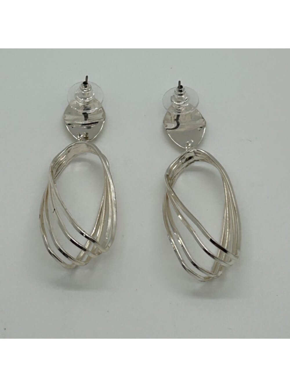 Silver Tone Geometric Dangle Earrings Layered Oval Twisted Hoop Design 2.5 inch - Picture 10 of 11